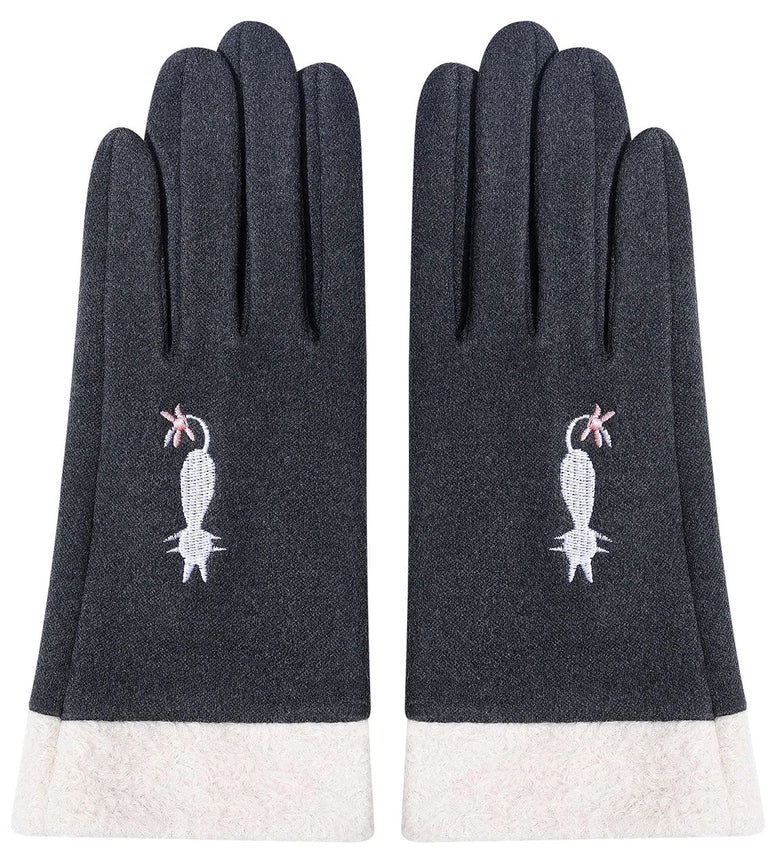 Faux Fur Gloves with Cat - Gray