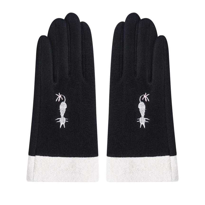Faux Fur Gloves with Cat - Black