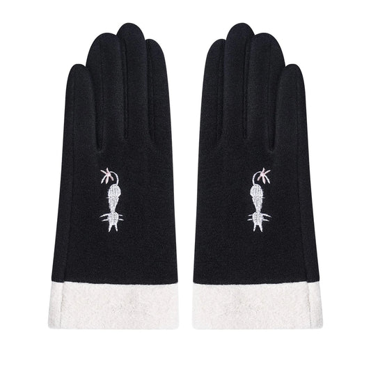 Faux Fur Gloves with Cat - Black