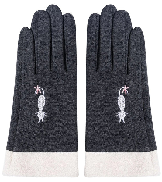 Faux Fur Gloves with Cat - Gray
