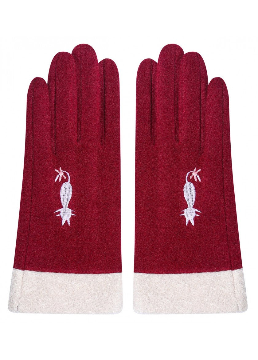 Faux Fur Gloves with Cat - Red