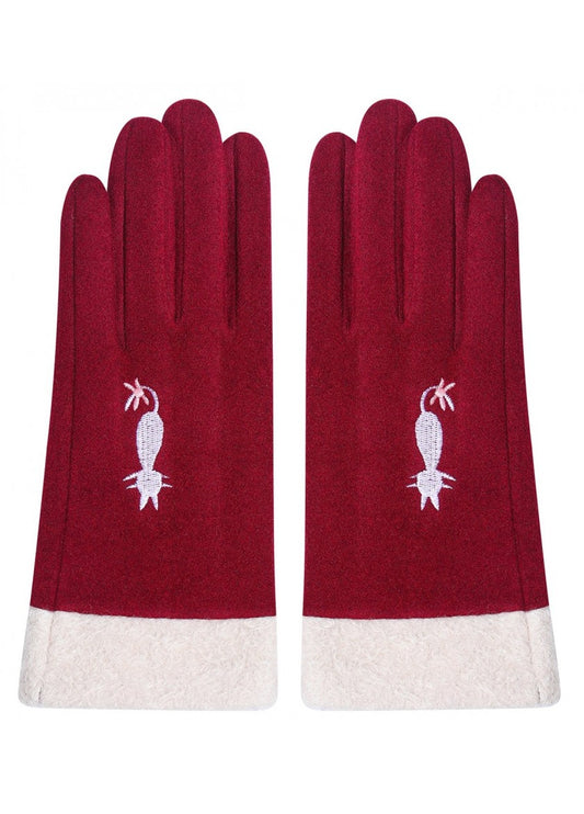 Faux Fur Gloves with Cat - Red